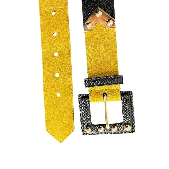 CAbi Genuine Leather Belt Womens M Mustard Yellow Black Ornamental Embossed - Picture 8 of 9